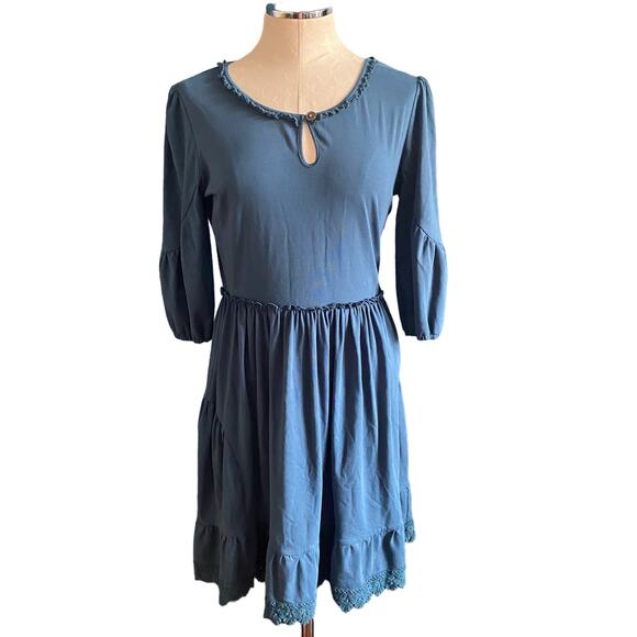 Matilda Jane Make Believe Hold The Key Teal Blue Crochet Trim Mini Dress Size M - Picture 2 of 8